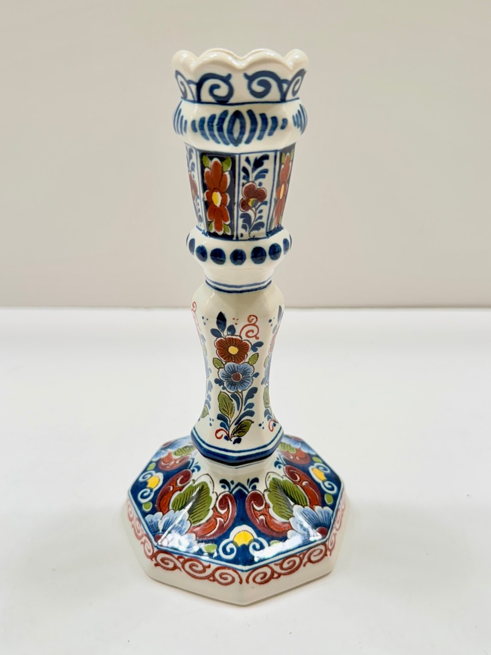 1990s Oude Delft 834 OUD Candle Holder Stick 7.35” Polychrome Porcelain Vintage